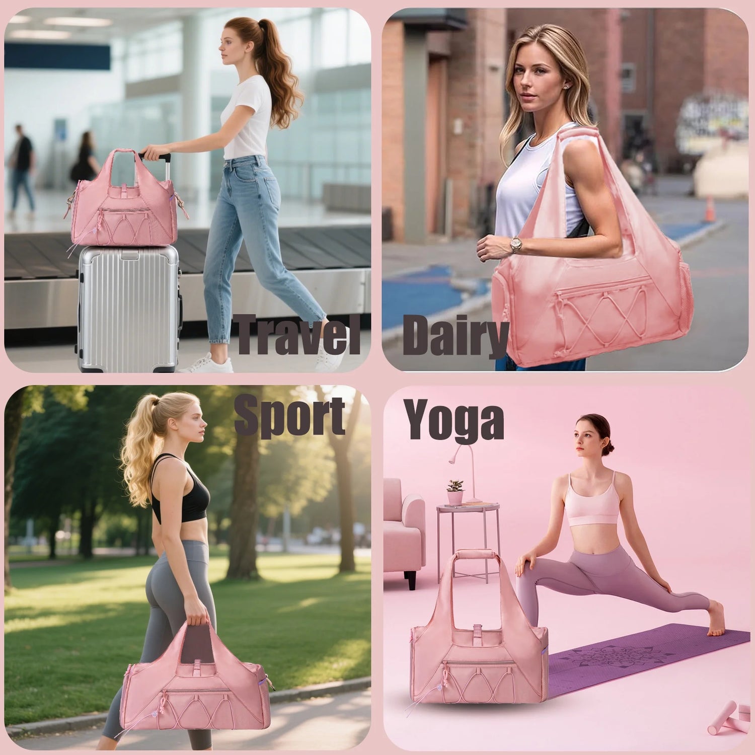 Waterproof Gym Bag Women Men, Foldable Sports Duffle Bag with Water Bottle Carrier Bag, Lightweight Travel Duffle Bag with Shoe Compartment for Gym, Yoga, Travel, Pink