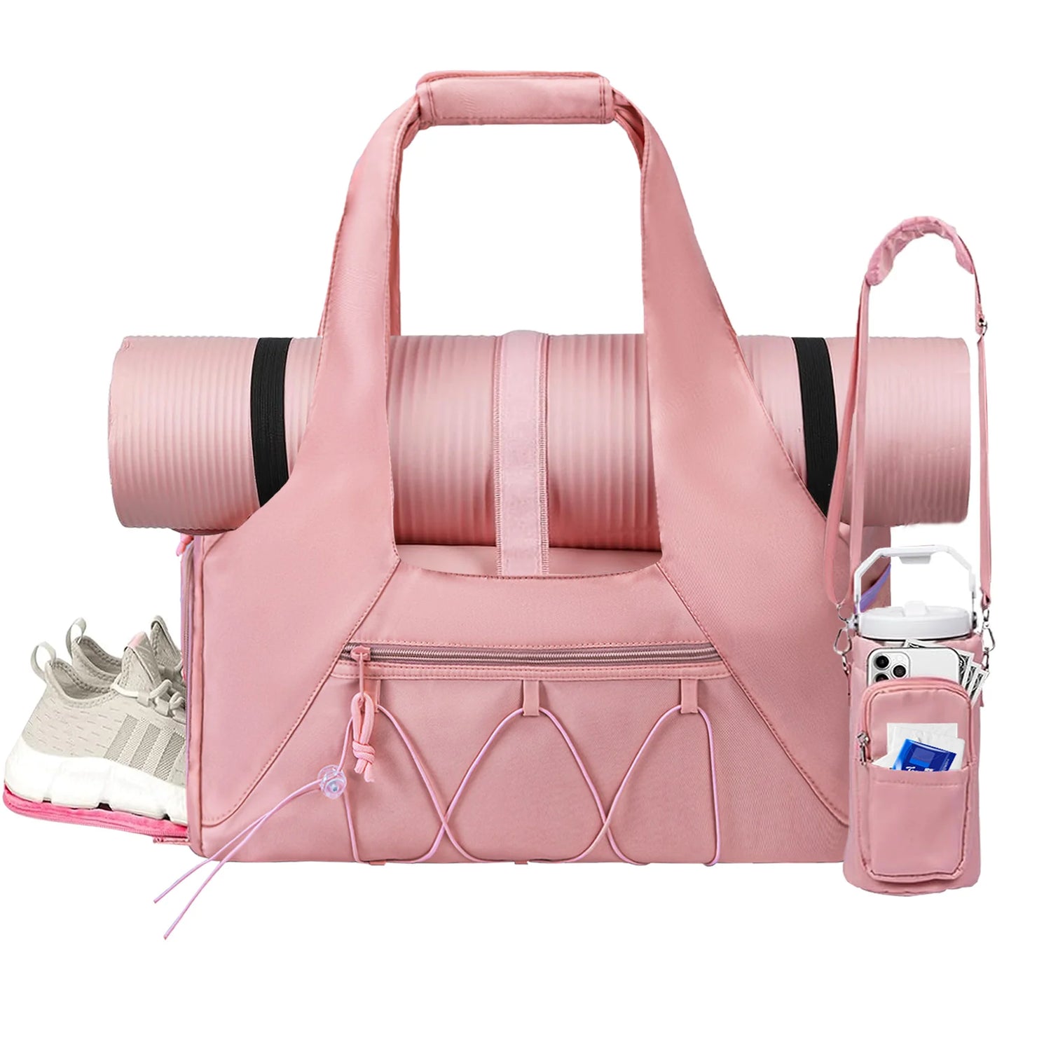 Waterproof Gym Bag Women Men, Foldable Sports Duffle Bag with Water Bottle Carrier Bag, Lightweight Travel Duffle Bag with Shoe Compartment for Gym, Yoga, Travel, Pink